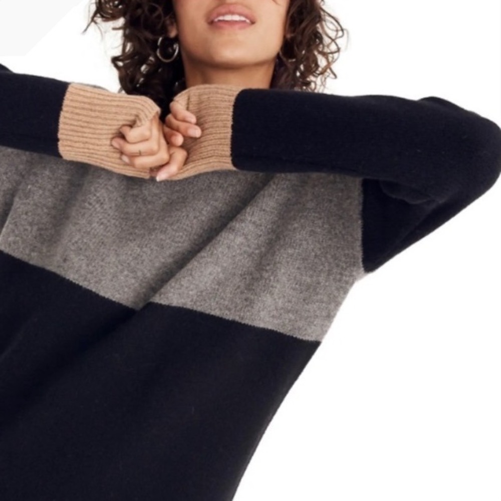 Madewell Colorblock Merino Wool Sweater Dress Black Grey Tan Crew Neck Women Sm